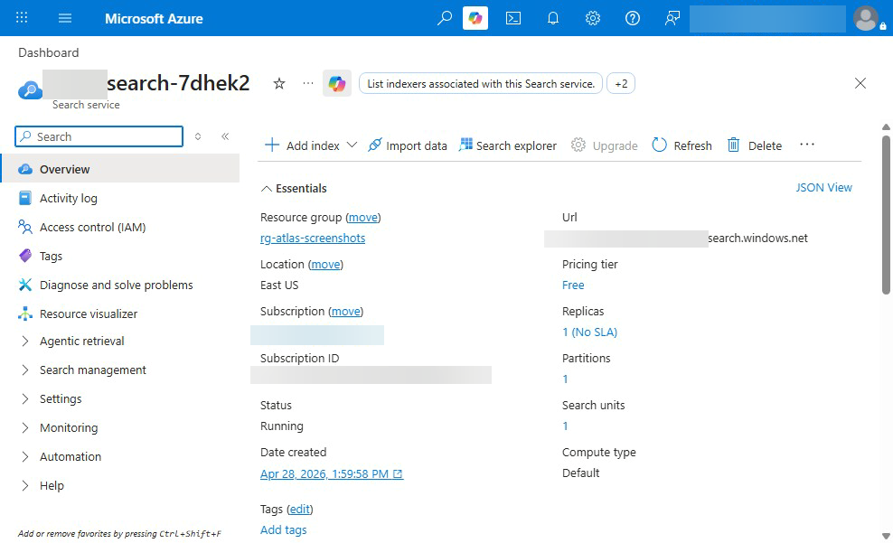 Azure AI Search service Overview blade — Essentials panel showing Free pricing tier, 1 Replica / 1 Partition, Status Running, and the Add index / Import data / Search explorer toolbar above