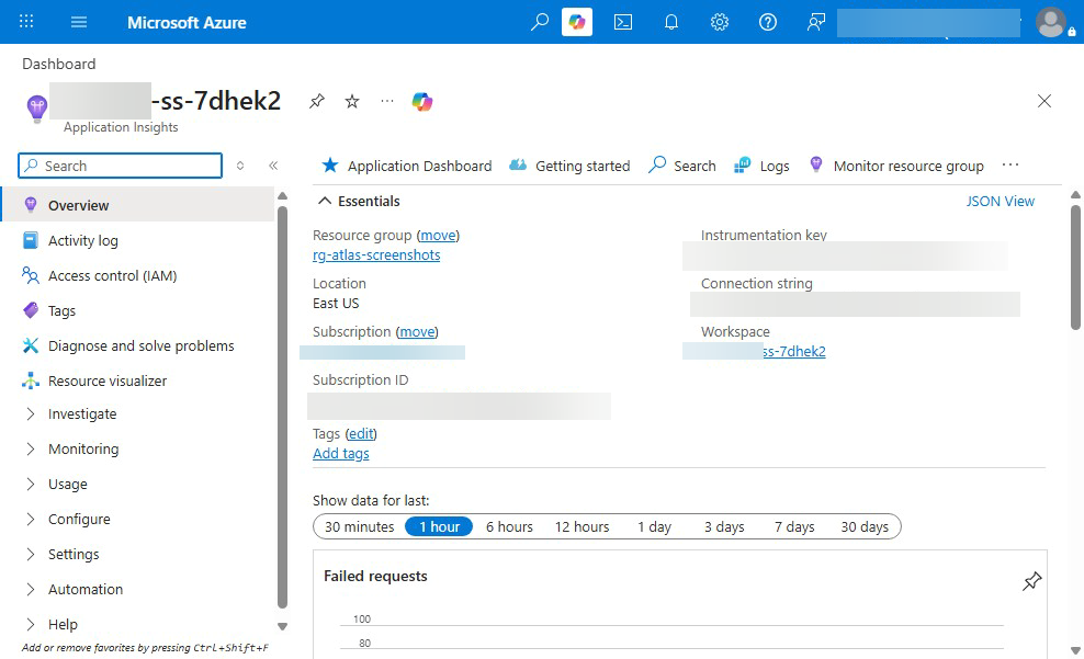 Azure Application Insights Overview blade — Essentials panel showing instrumentation key, connection string, retention, and the Performance / Failures / Live Metrics left-nav. App Insights is the OpenTelemetry-compatible backend that every CSA-in-a-Box service ships traces, metrics, and logs to.
