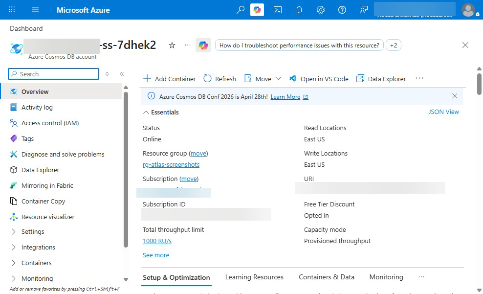 Cosmos DB account Overview blade — Essentials panel showing East US read/write region, Free Tier Discount Opted in, throughput limits, and the Add Container / Data Explorer / Mirroring in Fabric toolbar
