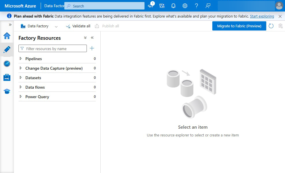 Azure Data Factory Studio Authoring view — Factory Resources sidebar showing Pipelines, Change Data Capture, Datasets, Data Flows, and Power Query, with the empty canvas on the right, after a successful CSA-in-a-Box foundation deploy