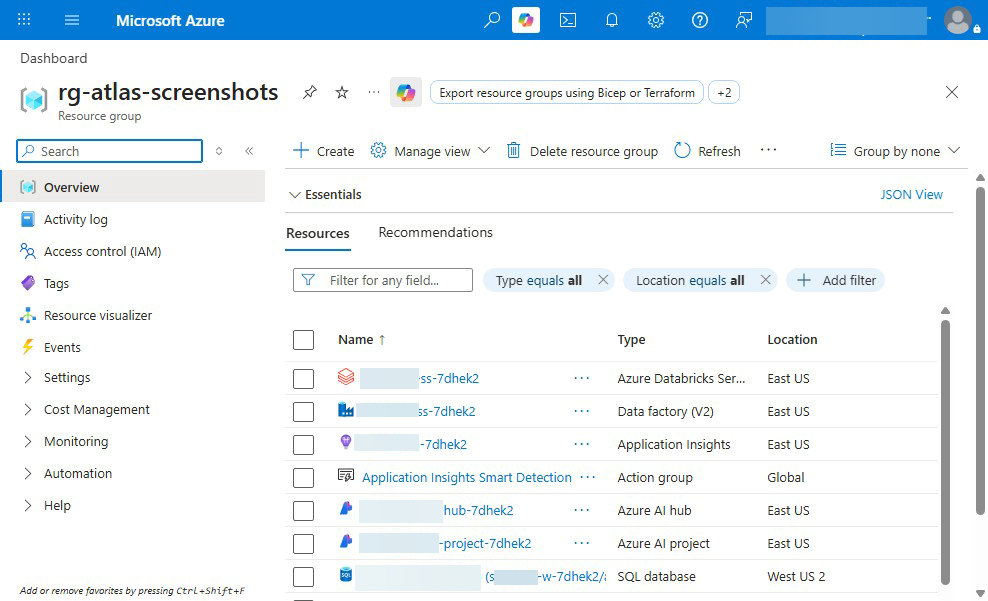 Azure resource group Overview — the deployed CSA-in-a-Box stack inside a single resource group: Databricks workspace, Data Factory, Application Insights, Azure AI hub + project, SQL database, AI Search, two storage accounts, Cosmos DB, Key Vault. This is the canonical "platform in a box" view.