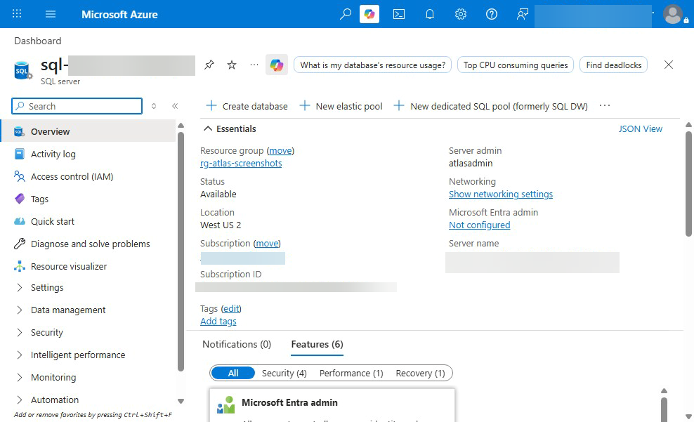 Azure SQL Server Overview blade — Essentials panel with server admin, status, location, and the SQL databases / SQL elastic pools / Networking left-nav, the canonical landing point for Data API Builder back-ends