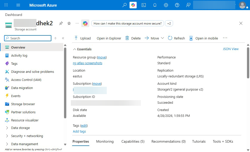 Azure Storage account Overview blade — Essentials panel showing Standard performance, LRS replication, StorageV2 (general purpose v2) account kind, and the Storage browser / Data storage / Containers left-nav. ADLS Gen2 sits on top of this account; Bronze, Silver, and Gold land in three containers within it.
